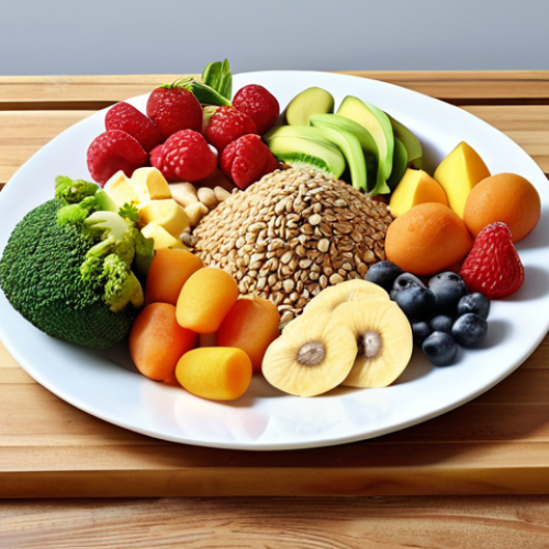 Home 19 A balanced plate showcasing whole grains, lean protein, colorful fruits, and vegetables, representing a healthy diet for physical well-being. The scene emphasizes fresh, natural foods over processed options.