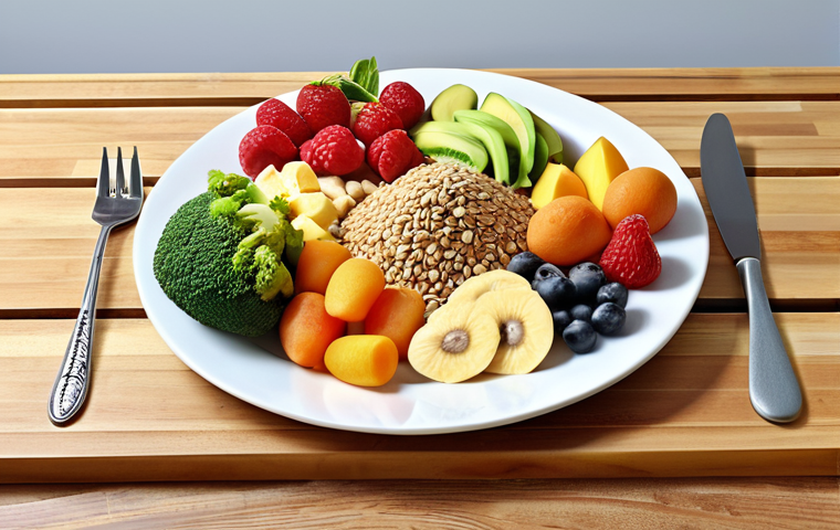 A balanced plate showcasing whole grains, lean protein, colorful fruits, and vegetables, representing a healthy diet for physical well-being. The scene emphasizes fresh, natural foods over processed options.