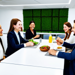 ** A friendly team enjoying lunch together in a modern office setting. They are fully clothed in professional attire, smiling and engaged in conversation. The scene is brightly lit and cheerful, promoting a positive and collaborative atmosphere. Safe for work, appropriate content, modest, family-friendly, perfect anatomy, natural proportions, high quality.

**