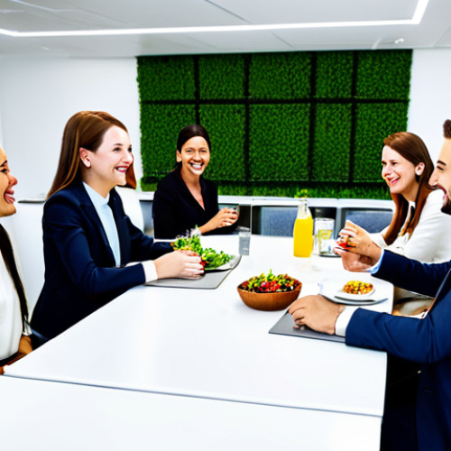 Home 18 ** A friendly team enjoying lunch together in a modern office setting. They are fully clothed in professional attire, smiling and engaged in conversation. The scene is brightly lit and cheerful, promoting a positive and collaborative atmosphere. Safe for work, appropriate content, modest, family-friendly, perfect anatomy, natural proportions, high quality.
**