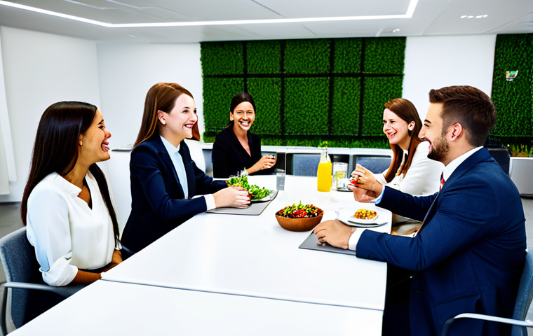 ** A friendly team enjoying lunch together in a modern office setting. They are fully clothed in professional attire, smiling and engaged in conversation. The scene is brightly lit and cheerful, promoting a positive and collaborative atmosphere. Safe for work, appropriate content, modest, family-friendly, perfect anatomy, natural proportions, high quality.

**
