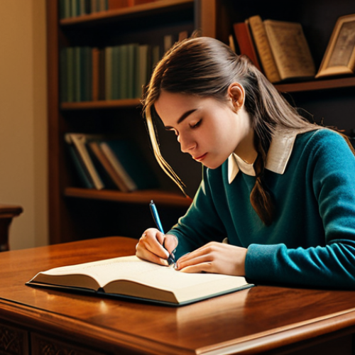 Home 17 **
A young woman sits at a desk, writing in a journal. She is fully clothed in modest attire. The setting is a cozy, warmly lit room with bookshelves in the background. The scene should evoke feelings of introspection and emotional awareness. Safe for work. Appropriate content. Perfect anatomy, natural proportions, professional.
**