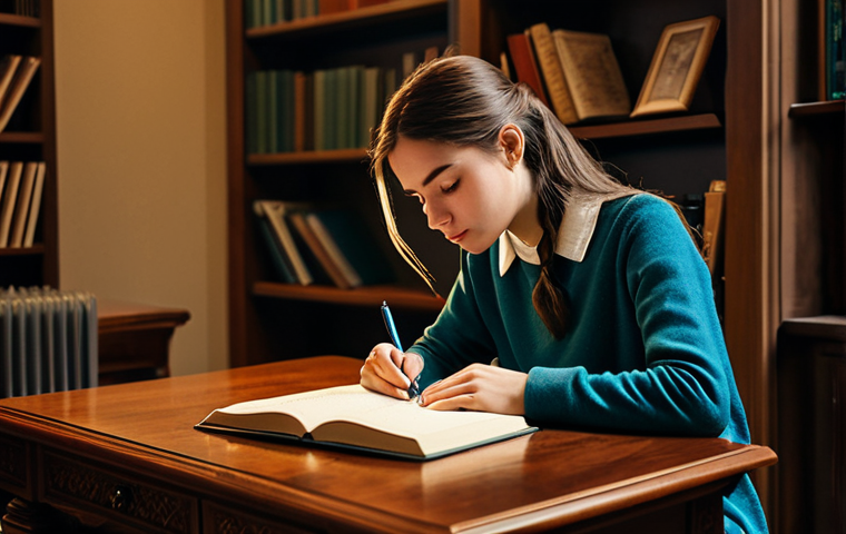 **

A young woman sits at a desk, writing in a journal. She is fully clothed in modest attire. The setting is a cozy, warmly lit room with bookshelves in the background. The scene should evoke feelings of introspection and emotional awareness. Safe for work. Appropriate content. Perfect anatomy, natural proportions, professional.

**