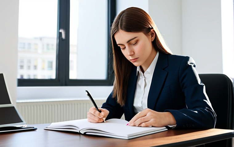 Goal Setting**

"A young woman in a professional setting, fully clothed in a modest business suit, thoughtfully writing in a notebook. She is sitting at a clean desk in a brightly lit office. Soft, natural lighting. Safe for work, appropriate content, perfect anatomy, correct proportions, well-formed hands, professional."

**