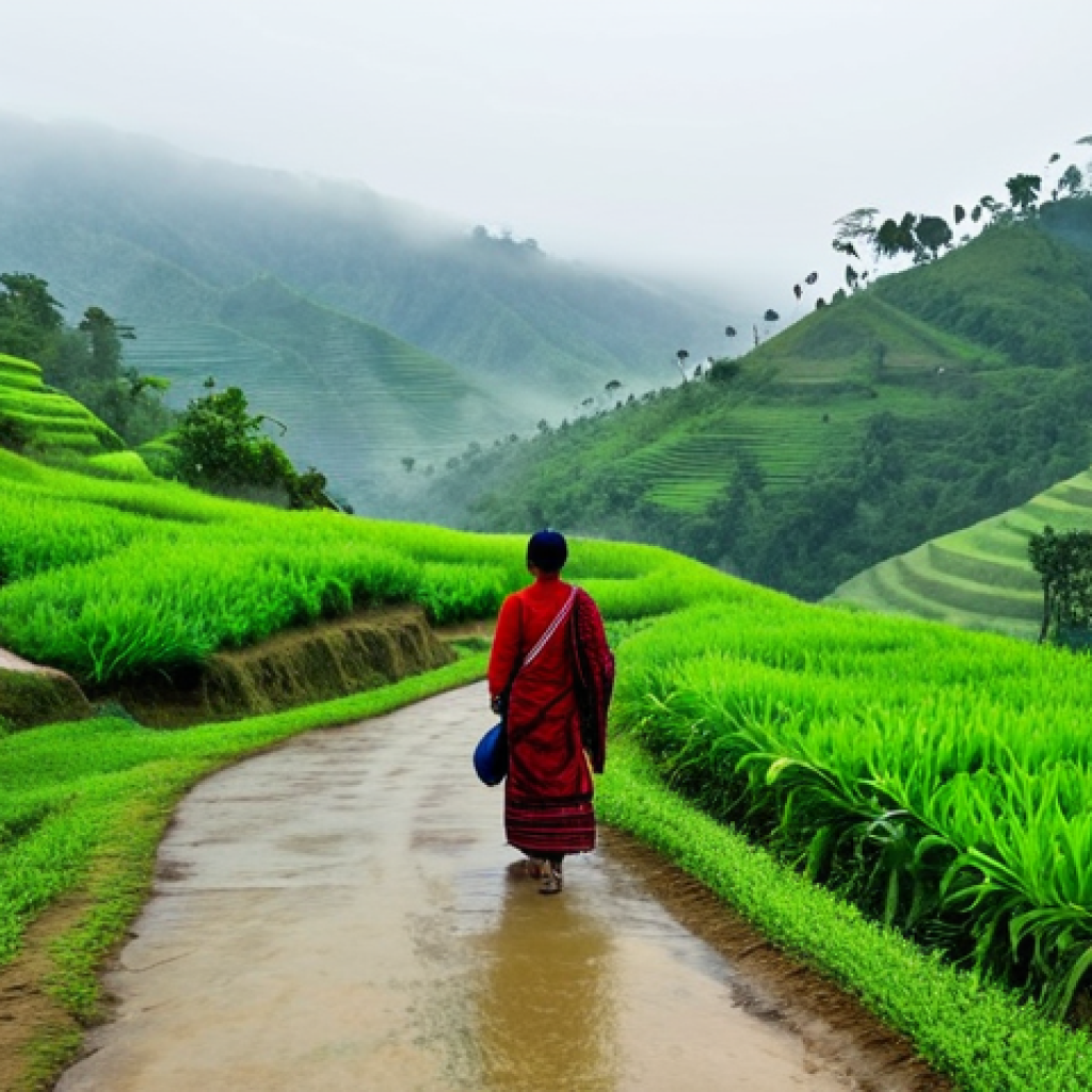 Bandarban - Misty Hills & Modest Culture**
"A scenic view of Bandarban, Bangladesh. Rolling green hills shrouded in mist, with traditional tribal villages nestled in the valleys. A fully clothed woman in modest, traditional tribal attire is walking along a path, surrounded by lush greenery. Safe for work, appropriate content, professional photography, perfect anatomy, correct proportions, natural pose, well-formed hands, proper finger count, natural body proportions. The scene should evoke a sense of peacefulness and cultural richness, appropriate attire, fully clothed, modest, family-friendly."
**
