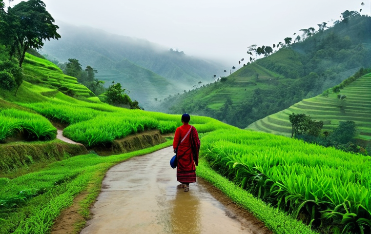 Bandarban - Misty Hills & Modest Culture**
"A scenic view of Bandarban, Bangladesh. Rolling green hills shrouded in mist, with traditional tribal villages nestled in the valleys. A fully clothed woman in modest, traditional tribal attire is walking along a path, surrounded by lush greenery. Safe for work, appropriate content, professional photography, perfect anatomy, correct proportions, natural pose, well-formed hands, proper finger count, natural body proportions. The scene should evoke a sense of peacefulness and cultural richness, appropriate attire, fully clothed, modest, family-friendly."
**