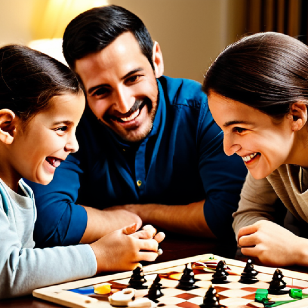 행복을 위한 가족과의 시간 만들기 - Family Game Night**

"A family of four, fully clothed in modest, comfortable attire, gathered around...