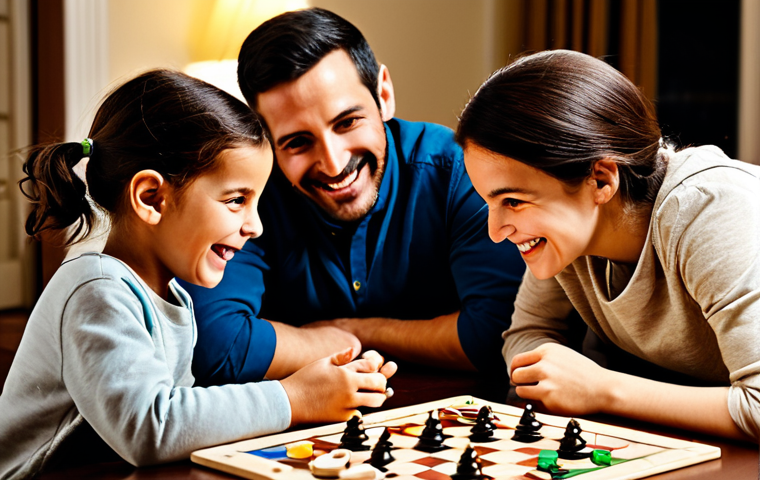행복을 위한 가족과의 시간 만들기 - Family Game Night**
"A family of four, fully clothed in modest, comfortable attire, gathered around...