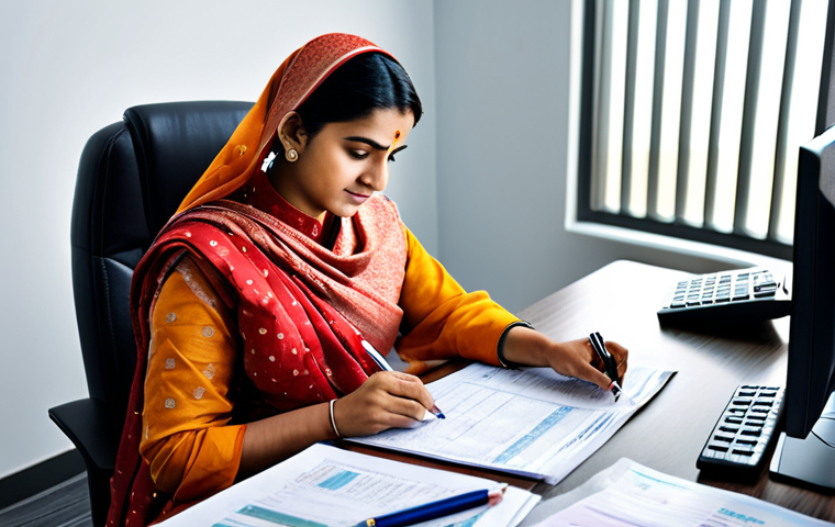 행복한 사람들의 경제적 관리 - "A professional woman in a modest sari, calculating a budget at a desk covered in financial document...