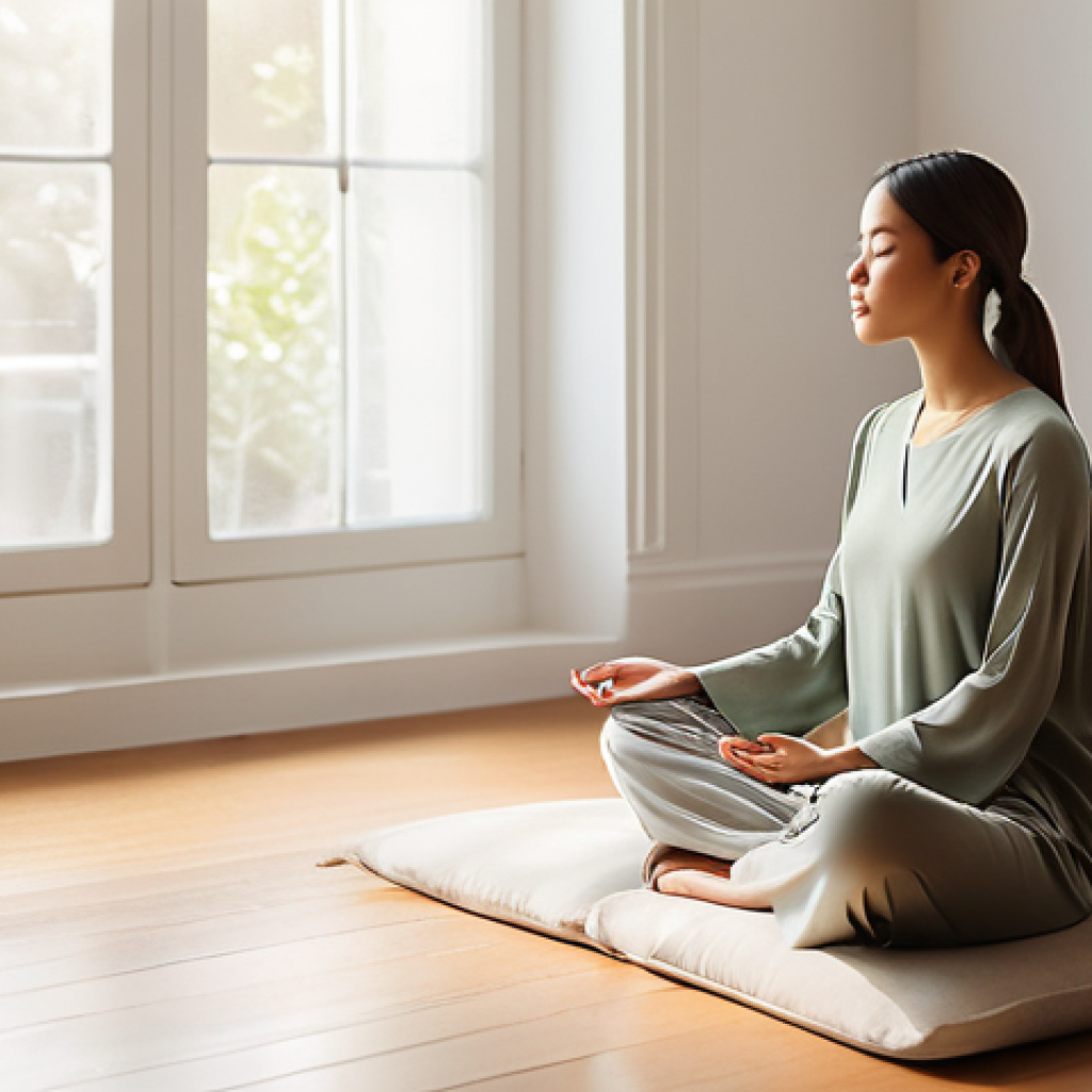 행복을 위한 삶의 목적 찾기 - **Prompt 1: Inner Peace and Self-Reflection**
"A serene young woman, approximately 20-25 years o...