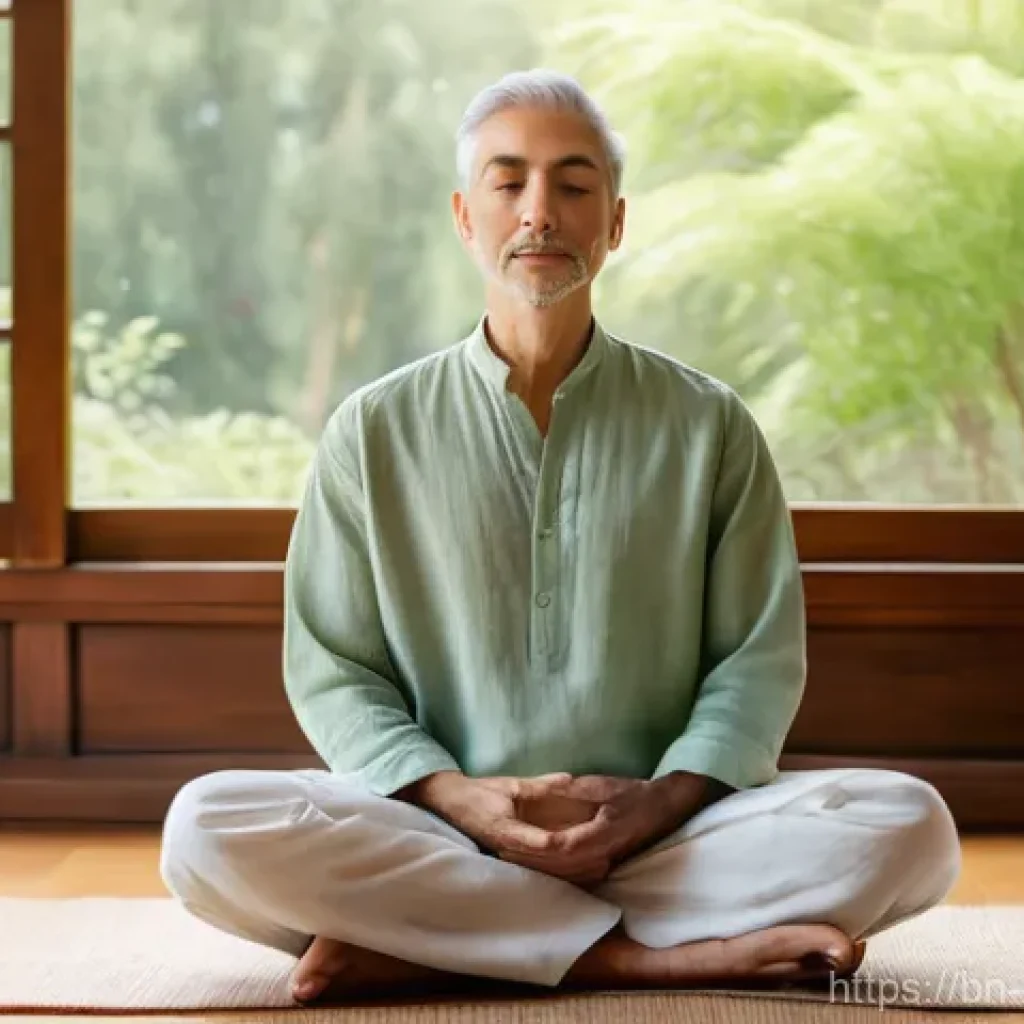 행복을 위한 마음 챙김 명상 - **A Serene Mindful Moment:** A person, of ambiguous gender, in their late 20s to early 40s, seated p...