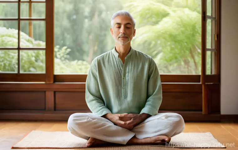 행복을 위한 마음 챙김 명상 - **A Serene Mindful Moment:** A person, of ambiguous gender, in their late 20s to early 40s, seated p...