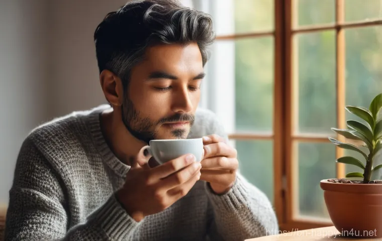 행복을 위한 마음 챙김 명상 - **A Serene Mindful Moment:** A person, of ambiguous gender, in their late 20s to early 40s, seated p...