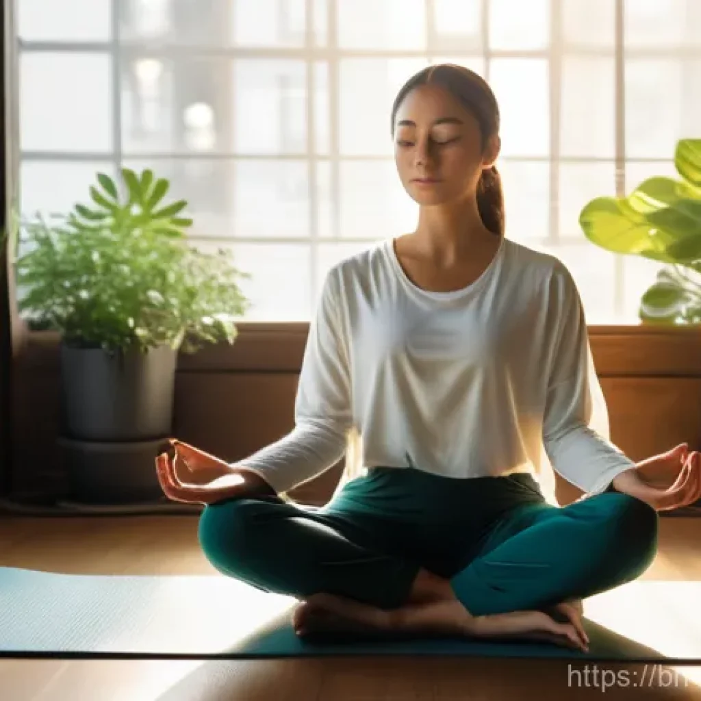 행복을 위한 습관 트래킹 - **Prompt:** "A serene and peaceful morning scene. A young woman, wearing comfortable and modest loun...