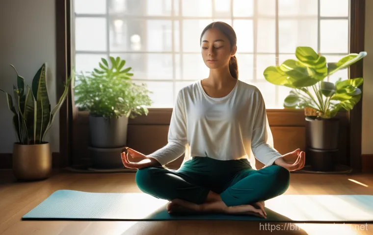 행복을 위한 습관 트래킹 - **Prompt:** "A serene and peaceful morning scene. A young woman, wearing comfortable and modest loun...