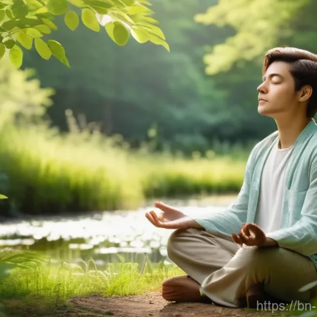 행복한 인생을 위한 미션 - **Prompt:** A serene and peaceful image of a young adult, gender-neutral, dressed in loose, modest l...