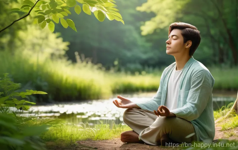 행복한 인생을 위한 미션 - **Prompt:** A serene and peaceful image of a young adult, gender-neutral, dressed in loose, modest l...