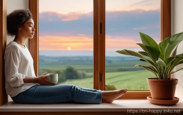 행복한 삶의 철학적 고민 - **Prompt 1: Mindful Morning Serenity**
"A person, comfortably dressed in casual, modest attire, ...