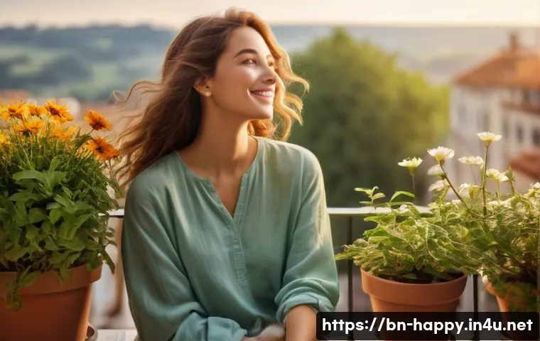 행복한 소확행 - **Prompt 1: Nature's Serenity on a Balcony**
A peaceful morning scene on a sun-drenched balcony....