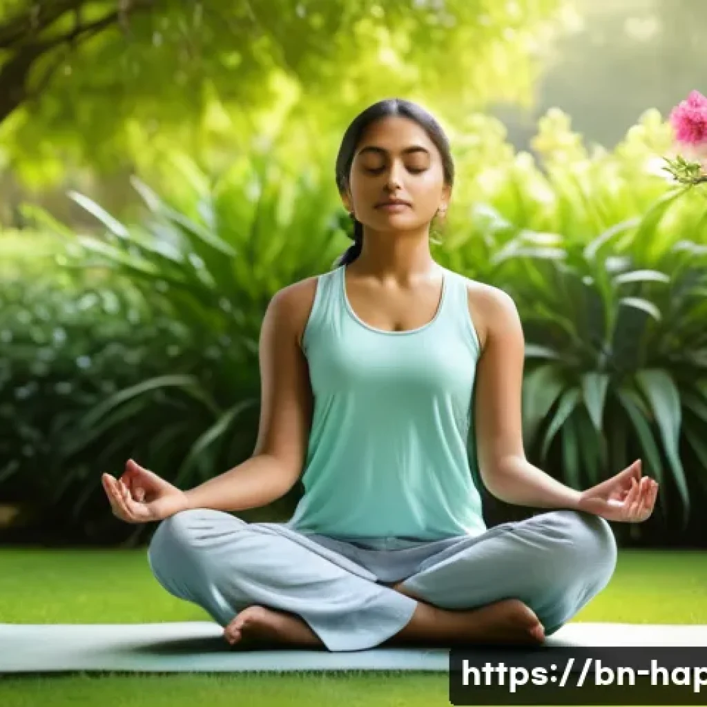 행복을 위한 매일 실천하는 법 - A serene morning scene featuring a young Bengali woman practicing meditation outdoors in a lush gree...