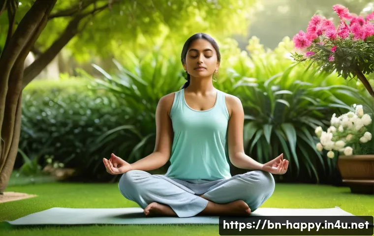 행복을 위한 매일 실천하는 법 - A serene morning scene featuring a young Bengali woman practicing meditation outdoors in a lush gree...