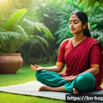 Home 22 행복을 위한 스트레스 관리 워크숍 - A serene scene of a young Bengali woman practicing deep breathing and meditation outdoors in a lush ...