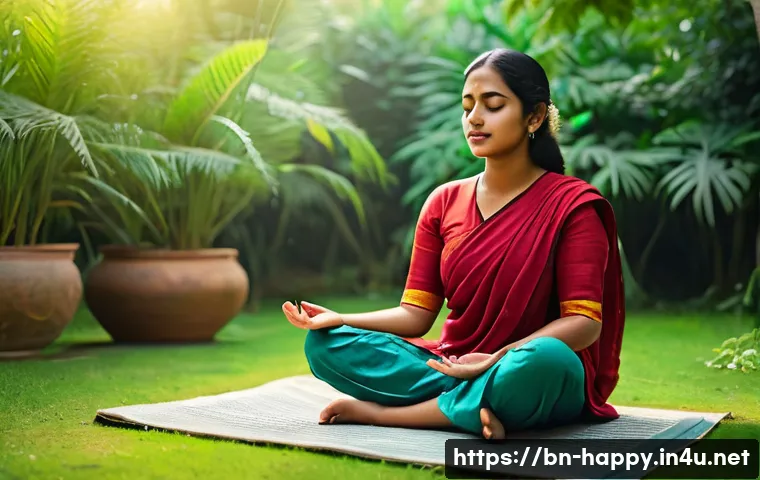 행복을 위한 스트레스 관리 워크숍 - A serene scene of a young Bengali woman practicing deep breathing and meditation outdoors in a lush ...