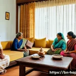 Home 21 행복한 가족 관계 만들기 - A warm and inviting Bengali family scene inside a cozy living room, featuring three generations—gran...
