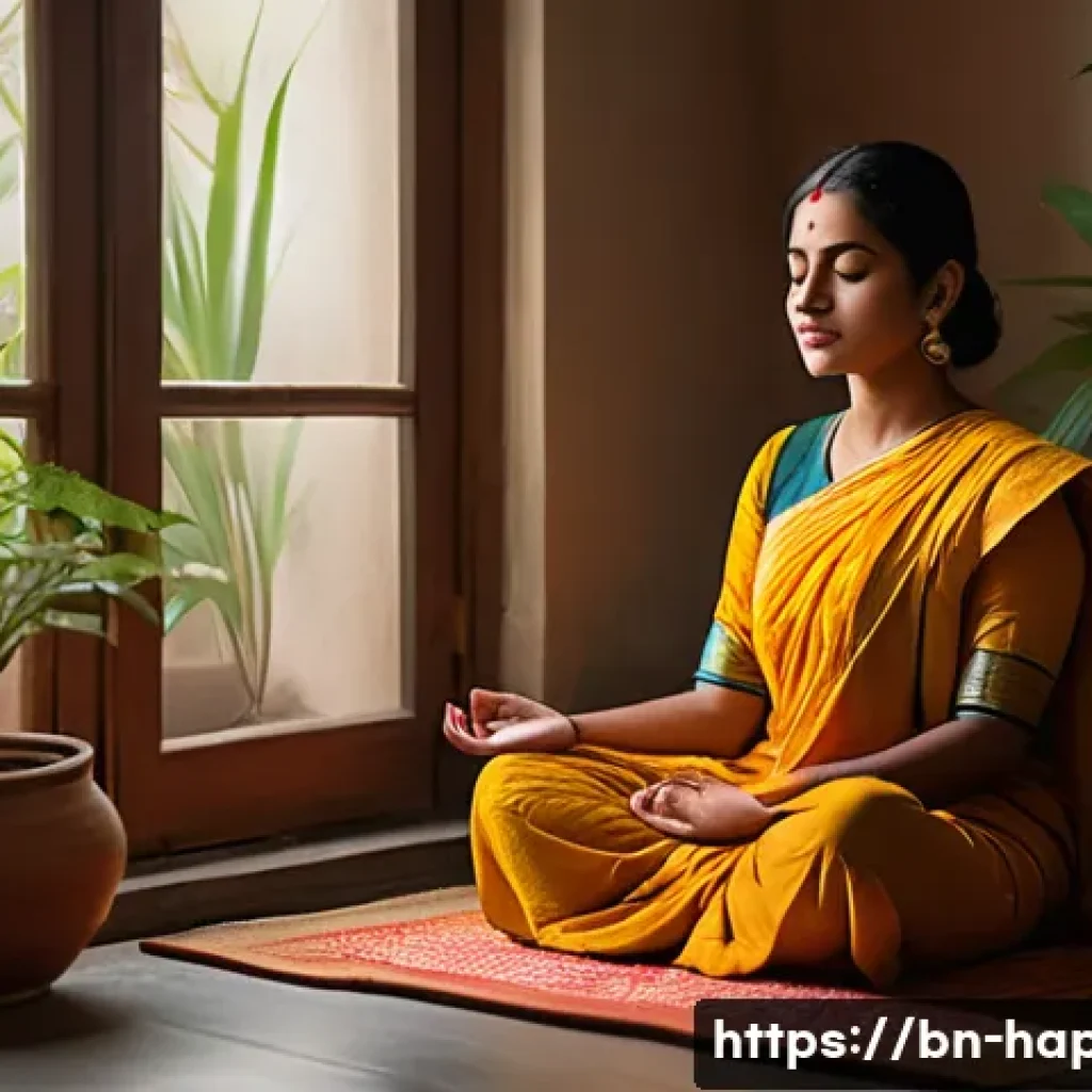 행복을 위한 가치관 찾기 - A serene scene depicting a young Bengali woman sitting peacefully in a traditional home setting, eng...