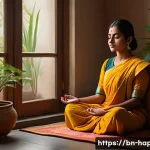 Home 20 행복을 위한 가치관 찾기 - A serene scene depicting a young Bengali woman sitting peacefully in a traditional home setting, eng...