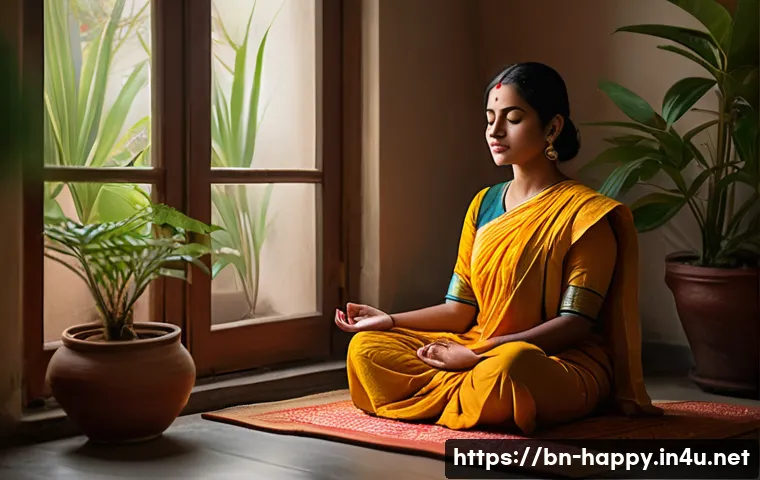 행복을 위한 가치관 찾기 - A serene scene depicting a young Bengali woman sitting peacefully in a traditional home setting, eng...