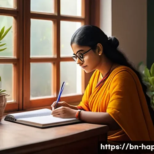 Home 31 행복한 사람들의 일과 삶의 균형 - A serene morning scene of a Bengali woman sitting at a wooden desk by a large window, sunlight strea...