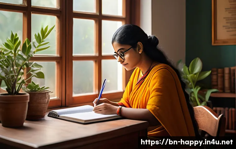 행복한 사람들의 일과 삶의 균형 - A serene morning scene of a Bengali woman sitting at a wooden desk by a large window, sunlight strea...
