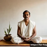 Home 18 행복한 명상 가이드 - A serene early morning meditation scene featuring a Bengali person sitting cross-legged on a traditi...