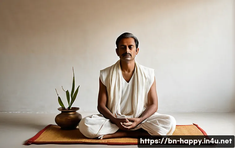 행복한 명상 가이드 - A serene early morning meditation scene featuring a Bengali person sitting cross-legged on a traditi...