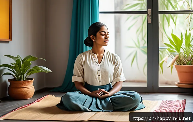 행복을 위한 자신감 키우기 - A serene and focused young Bengali woman sitting cross-legged on a traditional woven mat indoors, pr...