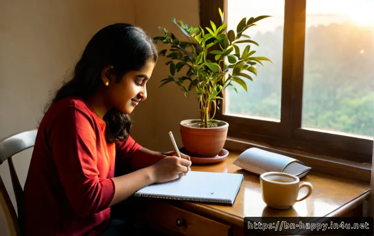 행복을 위한 자기계발 - Photorealistic morning self-development scene for happiness, a Bengali young adult seated at a tidy ...