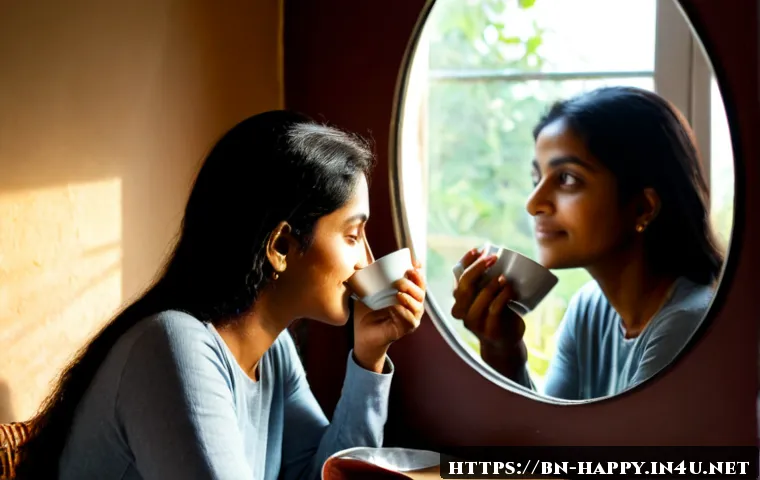 행복을 위한 감성적 자아 찾기 - Photorealistic Bengali woman in her early thirties sitting peacefully by a sunlit window in a cozy, ...