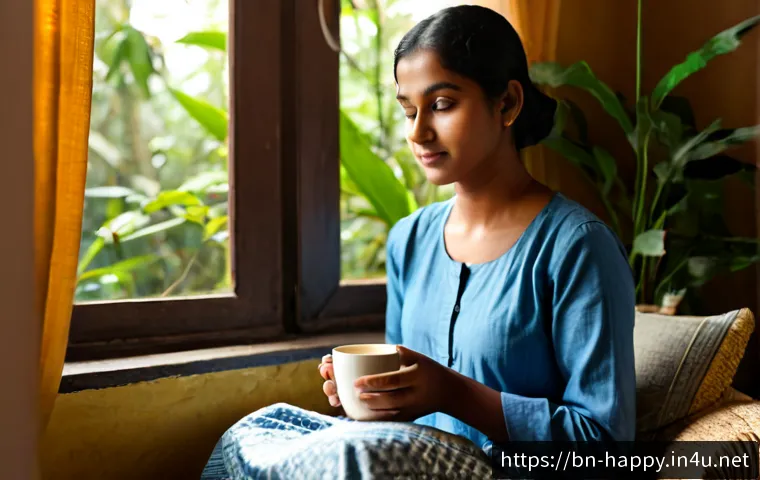 행복을 위한 마음 치유 - Photorealistic peaceful morning scene of a Bengali woman in modest comfortable clothing sitting besi...
